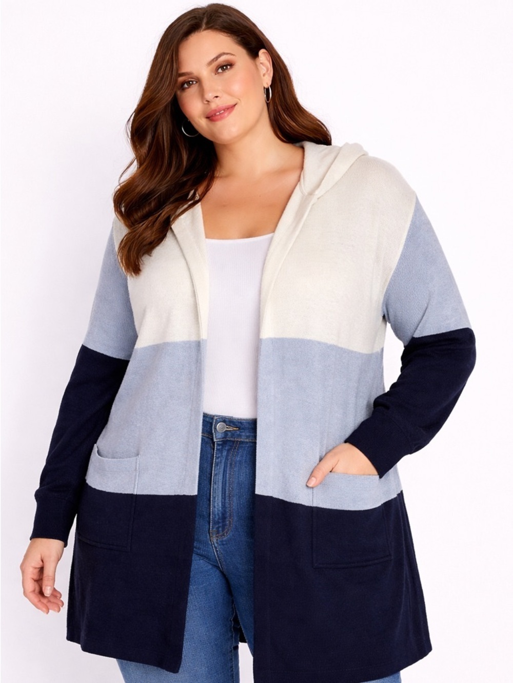 Hooded Open Front Cardigan Blue White color block Pockets Sz 3x Verve Ami